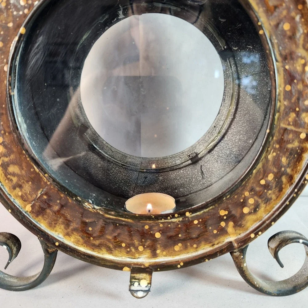 Rustic Metal Round Porthole Lantern Candle Holder Antique Gold Black Devra Style